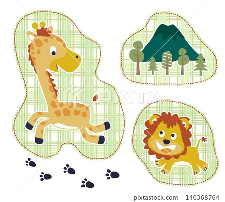 vector cartoon of funny giraffe with lion, mountain and trees vector cartoon of funny giraffe with lion, mountain and trees 140368764