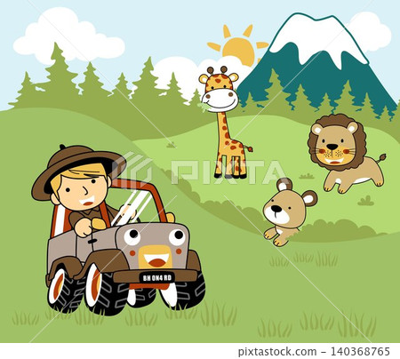 Little boy on car in the safari park with friendly animals, vector cartoon illustration Little boy on car in the safari park with friendly animals, vector cartoon illustration 140368765