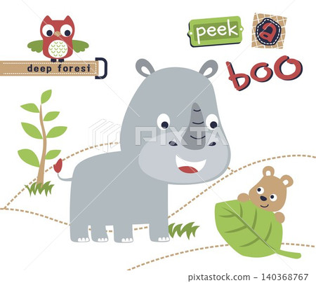 funny rhino with little friends, vector cartoon illustration funny rhino with little friends, vector cartoon illustration 140368767