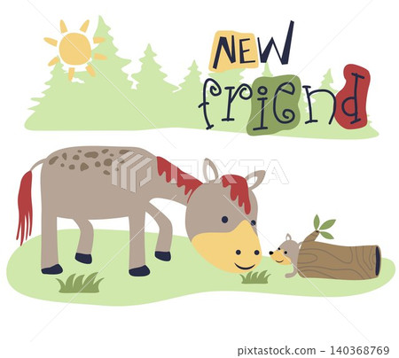 Funny horse and squirrel in forest, vector cartoon illustration Funny horse and squirrel in forest, vector cartoon illustration 140368769