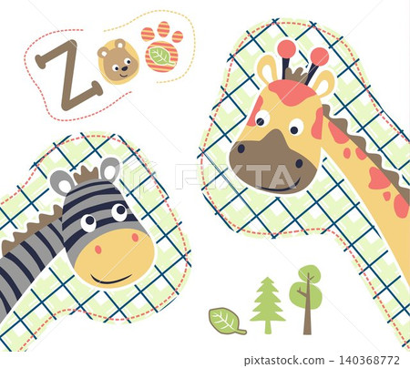 Cartoon vector of funny giraffe with zebra, cute bear smile face with trees 140368772