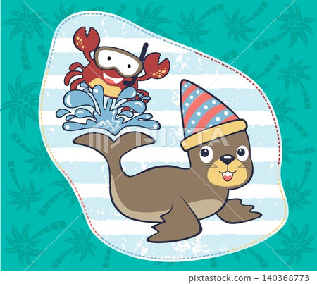 cute seal with crab on palm tree background pattern, vector cartoon illustration cute seal with crab on palm tree background pattern, vector cartoon illustration 140368773