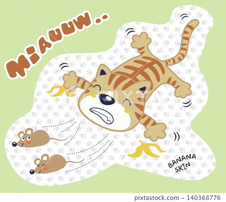 A funny cat chasing rats then fall down by banana peel, vector cartoon illustration A funny cat chasing rats then fall down by banana peel, vector cartoon illustration 140368776