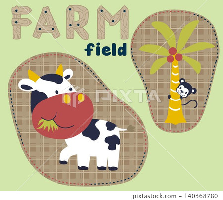 Farm field animals, cow and monkey on striped background, Vector cartoon illustration Farm field animals, cow and monkey on striped background, Vector cartoon illustration 140368780