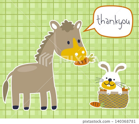 funny donkey and rabbit with lots of carrots on striped background, vector cartoon funny donkey and rabbit with lots of carrots on striped background, vector cartoon 140368781