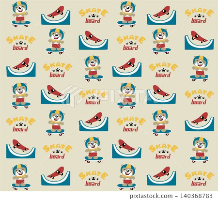 vector pattern of funny bear in skateboarding with skateboard element vector pattern of funny bear in skateboarding with skateboard element 140368783