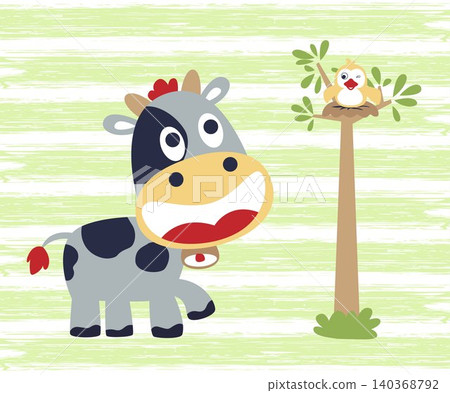 vector cartoon illustration of funny cow with bird in the tree on striped background vector cartoon illustration of funny cow with bird in the tree on striped background 140368792