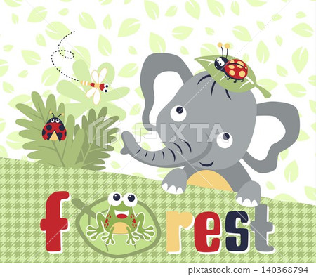 Funny elephant with bugs on leaves background pattern, vector cartoon illustration 140368794