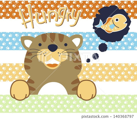 Vector illustration of cartoon funny cat with fish on footpath background pattern 140368797