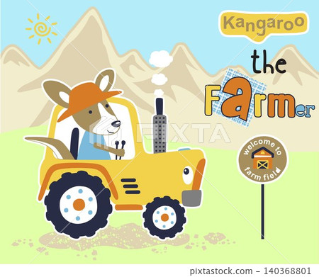 Vector cartoon of funny kangaroo driving tractor on mountain background 140368801