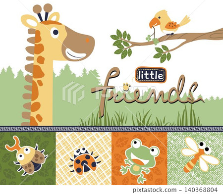 Funny giraffe with bird and bugs in forest. vector cartoon illustration Funny giraffe with bird and bugs in forest. vector cartoon illustration 140368804