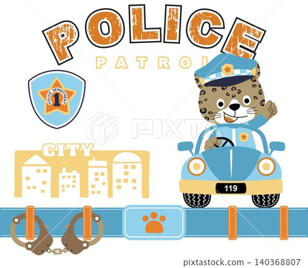 Funny cat on police car with police element, vector cartoon illustration 140368807
