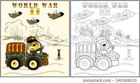 Funny bear on military truck with fighter jet in battlefield, coloring page or book, vector cartoon illustration Funny bear on military truck with fighter jet in battlefield, coloring page or book, vector cartoon illustration 140368810