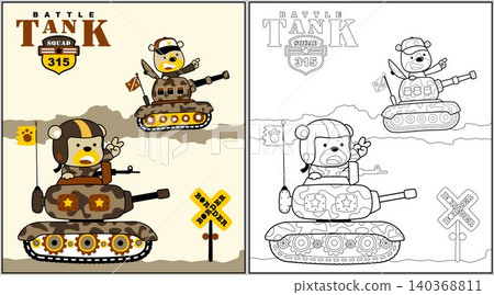 Funny bear on armored vehicle, coloring page or book, vector cartoon illustration Funny bear on armored vehicle, coloring page or book, vector cartoon illustration 140368811