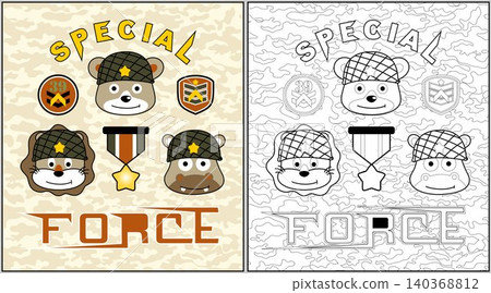 cute animals soldiers on camouflage background pattern, coloring book or page, vector cartoon illustration cute animals soldiers on camouflage background pattern, coloring book or page, vector cartoon illustration 140368812