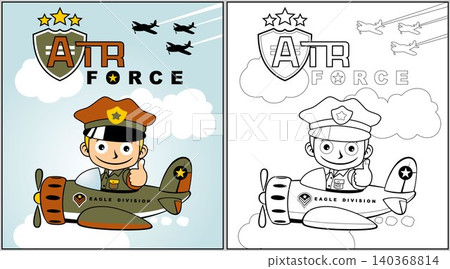 young pilot on military airplane, coloring book or page, vector cartoon illustration young pilot on military airplane, coloring book or page, vector cartoon illustration 140368814