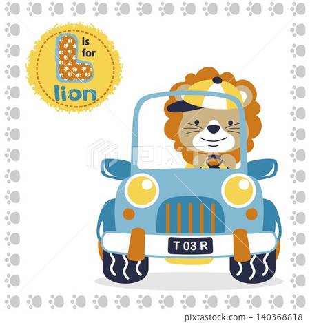cute lion driving car in footpath frame border, cartoon vector illustration cute lion driving car in footpath frame border, cartoon vector illustration 140368818