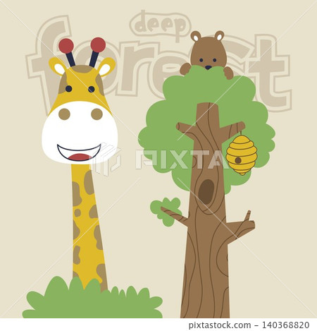 Funny giraffe with little bear on tree, vector cartoon illustration Funny giraffe with little bear on tree, vector cartoon illustration 140368820
