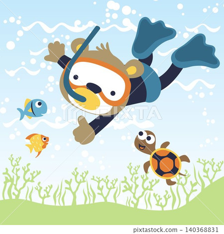 Little bear with marine animals undersea, vector cartoon illustration Little bear with marine animals undersea, vector cartoon illustration 140368831