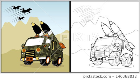 vector cartoon of military truck with missile, coloring book or page vector cartoon of military truck with missile, coloring book or page 140368838