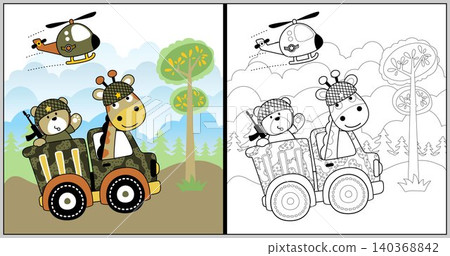 vector cartoon of funny giraffe with bear on truck, helicopter flying across forest, coloring book or page vector cartoon of funny giraffe with bear on truck, helicopter flying across forest, coloring book or page 140368842