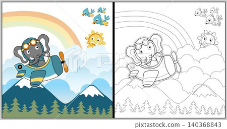Cartoon cute elephant on airplane with birds and smiling sun, vector illustration, coloring book or page Cartoon cute elephant on airplane with birds and smiling sun, vector illustration, coloring book or page 140368843