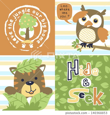Vector cartoon illustration of cute owl with tiger playing hide and seek 140368853