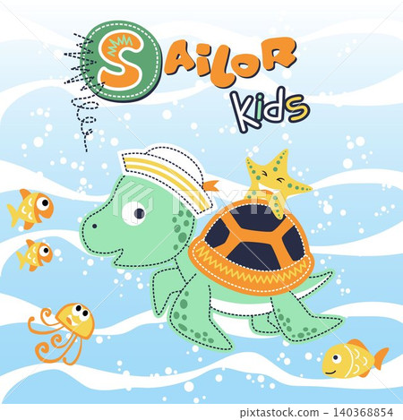 Cute turtle the sailor with little marine animals undersea Cute turtle the sailor with little marine animals undersea 140368854
