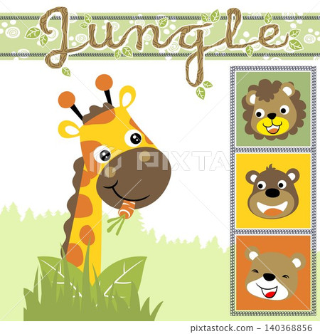 Vector cartoon illustration of funny giraffe eating carrot, cute lion with bear and monkey smile face Vector cartoon illustration of funny giraffe eating carrot, cute lion with bear and monkey smile face 140368856