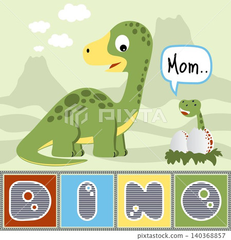 Vector cartoon of funny dinosaur with it baby on mountain background Vector cartoon of funny dinosaur with it baby on mountain background 140368857