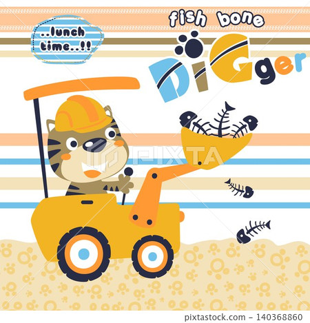 Funny cat driving construction vehicle then collect fish bone, vector cartoon illustration Funny cat driving construction vehicle then collect fish bone, vector cartoon illustration 140368860
