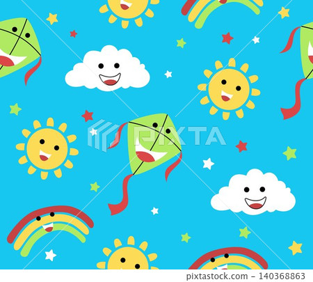 vector seamless pattern of smiling sky objects cartoon with funny kite vector seamless pattern of smiling sky objects cartoon with funny kite 140368863