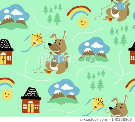 vector seamless pattern of cartoon kangaroo playing kite. Mountain with home nad sky objects 140368866