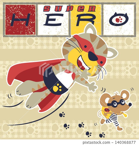 funny cat in super hero costume chasing a mice the thief, vector cartoon illustration funny cat in super hero costume chasing a mice the thief, vector cartoon illustration 140368877