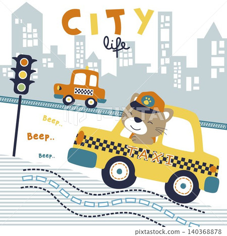 cute kitten driving taxi on building background, vector cartoon illustration cute kitten driving taxi on building background, vector cartoon illustration 140368878