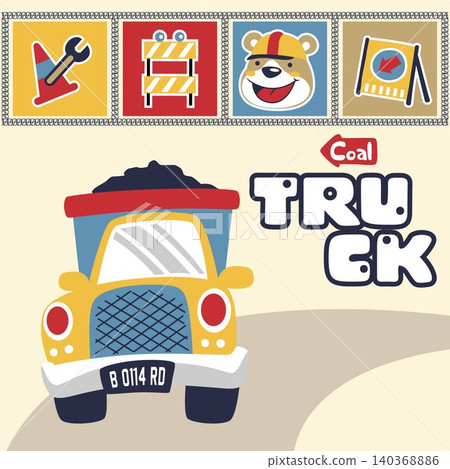 vector cartoon of truck with construction signs and funny bear face 140368886