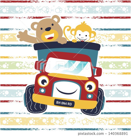 Vector cartoon illustration of funny bear with monkey on truck on colorful striped background Vector cartoon illustration of funny bear with monkey on truck on colorful striped background 140368891