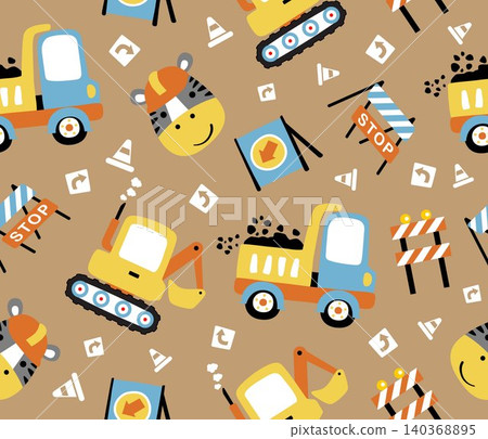 seamless pattern cartoon of construction vehicles with construction elements and funny zebra 140368895