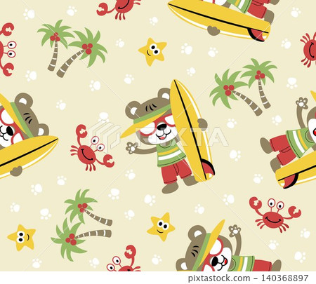 seamless pattern vector of cute bear the surfer with beach vacation elements seamless pattern vector of cute bear the surfer with beach vacation elements 140368897