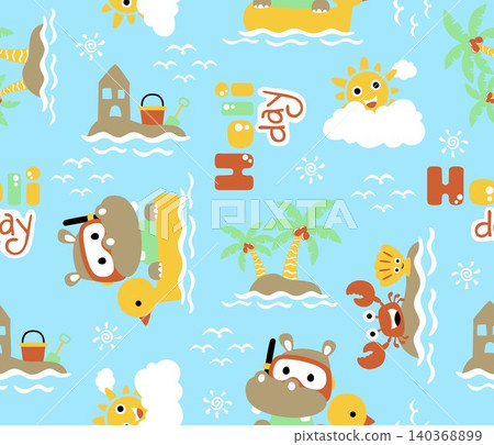 seamless pattern vector of cartoon hippo on duck swim ring with summer beach holiday elements seamless pattern vector of cartoon hippo on duck swim ring with summer beach holiday elements 140368899