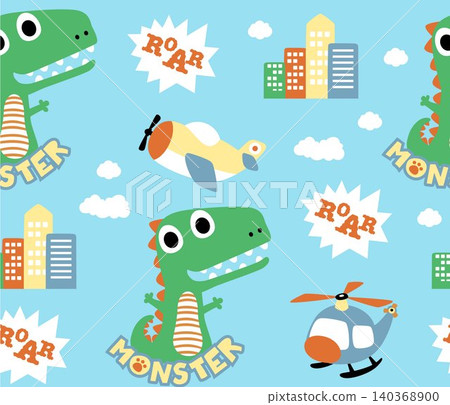 seamless pattern vector of cartoon monster with aircraft and buildings seamless pattern vector of cartoon monster with aircraft and buildings 140368900