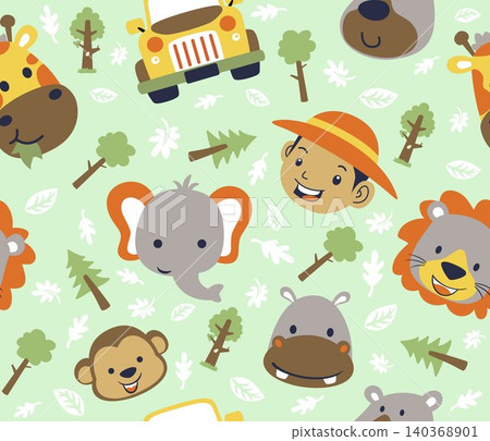 seamless pattern vector of cartoon animals smile face with a boy and car, forest elements seamless pattern vector of cartoon animals smile face with a boy and car, forest elements 140368901