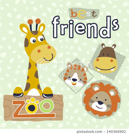 Funny giraffe with cute animals head on leaves background pattern, vector cartoon illustration Funny giraffe with cute animals head on leaves background pattern, vector cartoon illustration 140368902