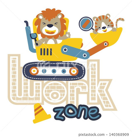 vector cartoon of funny lion with tiger on construction vehicle vector cartoon of funny lion with tiger on construction vehicle 140368909