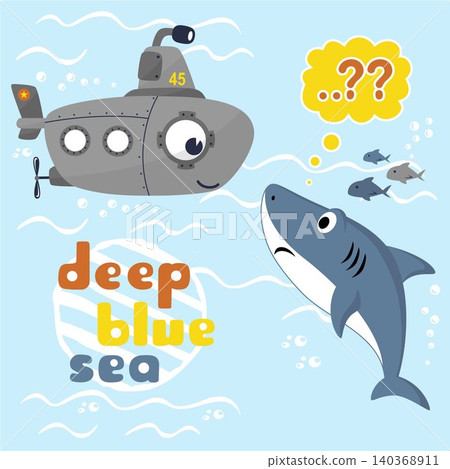 funny cartoon of funny submarine meet with shark in undersea funny cartoon of funny submarine meet with shark in undersea 140368911