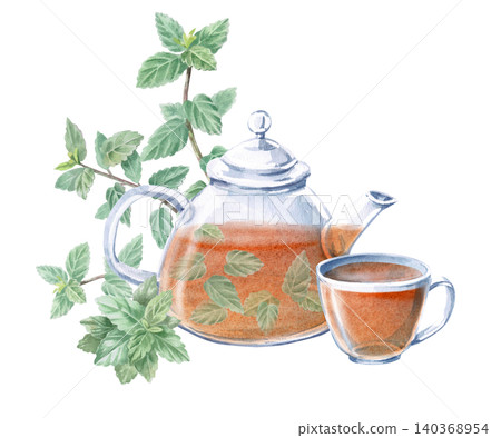 A watercolor illustration featuring a teapot and cup filled with aromatic tea and mint sprigs. Suitable for designing drink menus, herbal tea packaging, postcards, product labels, prints, and blogs. A watercolor illustration featuring a teapot and cup filled with aromatic tea and mint sprigs. Suitable for designing drink menus, herbal tea packaging, postcards, product labels, prints, and blogs. 140368954