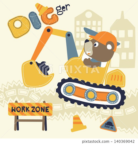 Vector cartoon of cute bear driving construction vehicle Vector cartoon of cute bear driving construction vehicle 140369042