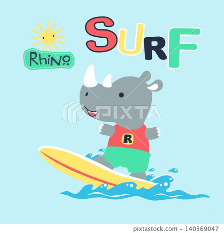 vector cartoon of little rhino in surfing 140369047