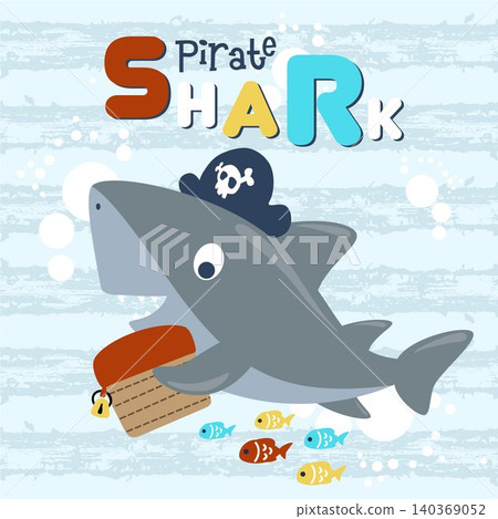 vector cartoon of pirate shark with treasure chest, colorful fishes on cracked striped background vector cartoon of pirate shark with treasure chest, colorful fishes on cracked striped background 140369052