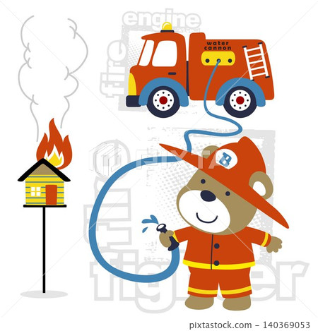 vector cartoon of funny bear in fireman uniform with firetruck 140369053